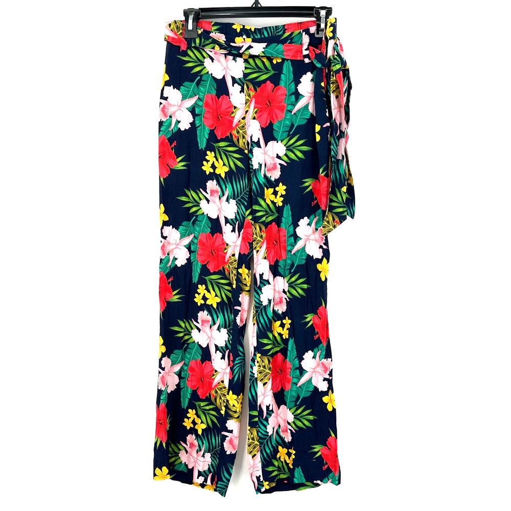 Soft Surroundings‎ Size XS Pants Blue Floral Palm Hibiscus Straight Leg Tie Belt